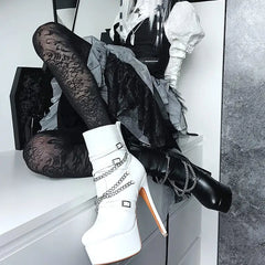 Model wearing black platform stiletto ankle boots with chain detail
