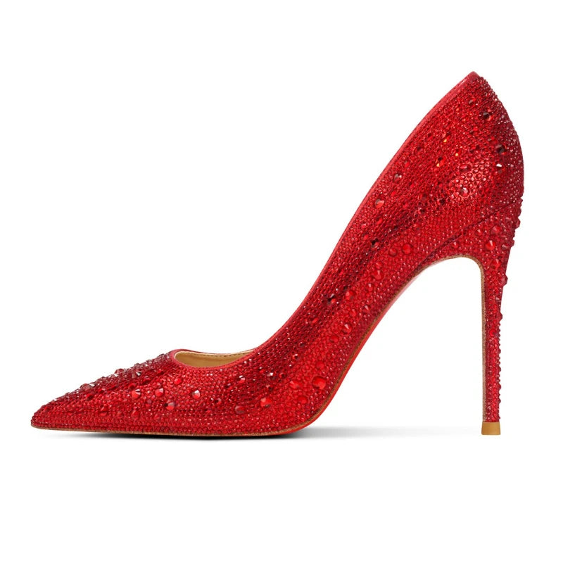 Red stiletto shoe with rhinestone embellishments