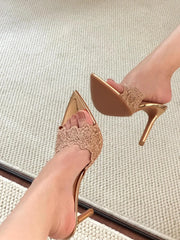 Pointed Toe Lace Mule Heels