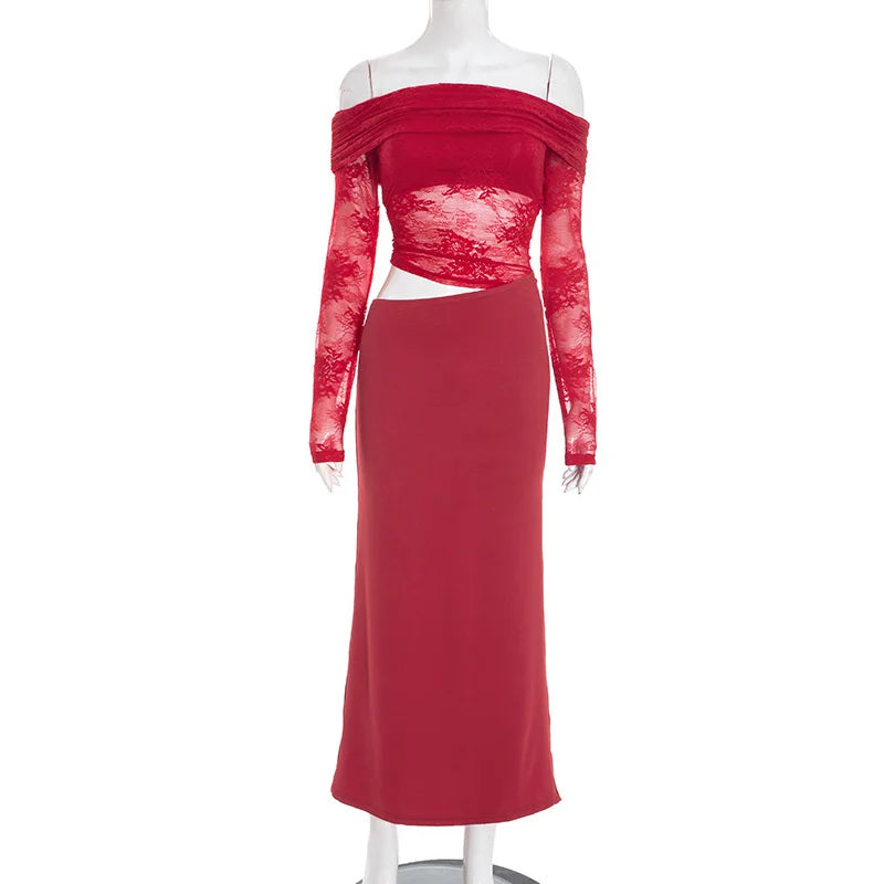 Red off-shoulder dress with lace detailing on a mannequin against a white background