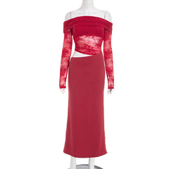 Red off-shoulder dress with lace detailing on a mannequin against a white background
