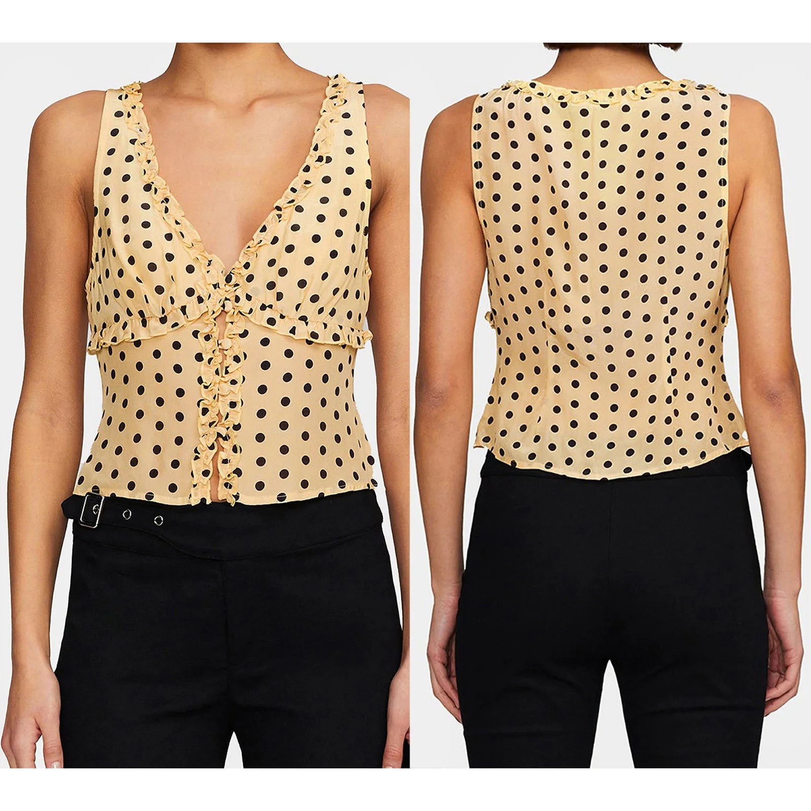 Yellow polka dot top worn by a model on a white background