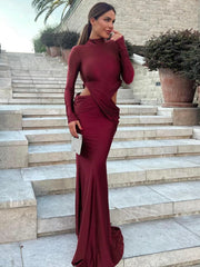 Red Turtleneck Long Sleeve Ruched Twisted Long Dress