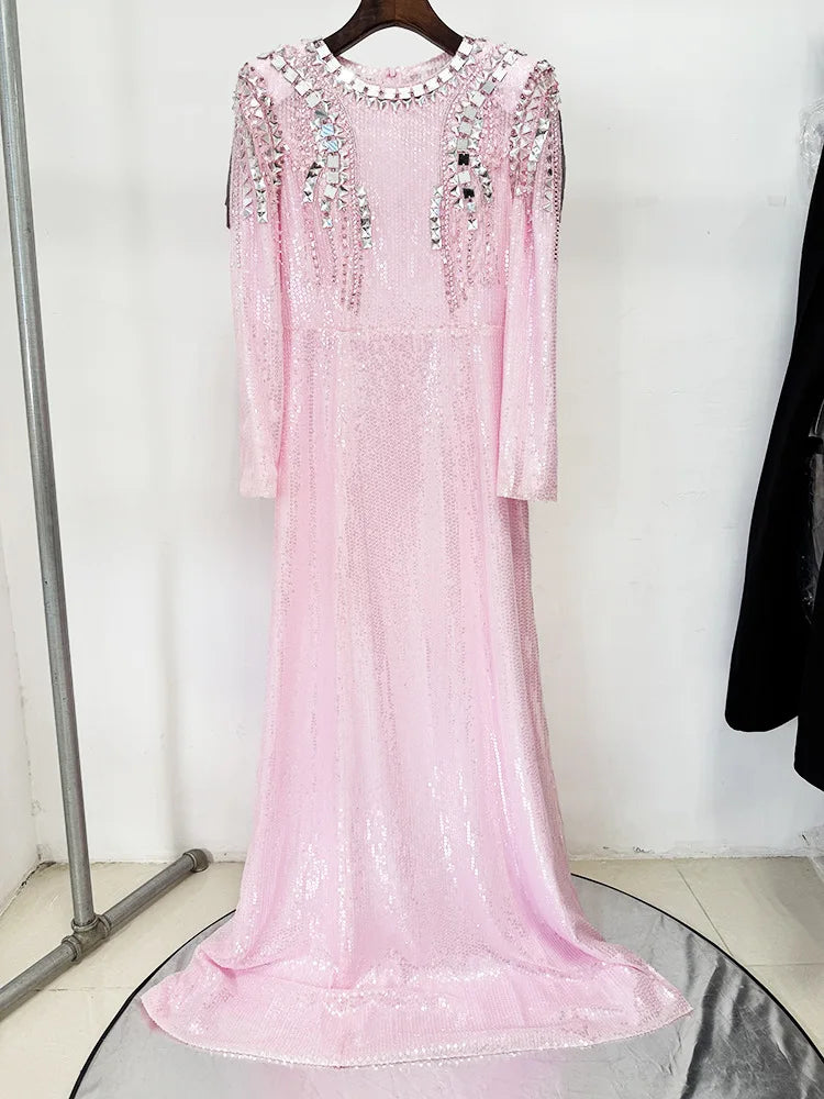 O-Neck Sequin Embellished Long Sleeve Maxi Dress Detail Front