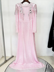 O-Neck Sequin Embellished Long Sleeve Maxi Dress Detail Front