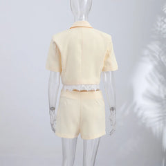Yellow Crop Lace Trimmed Blazer and Skirt Suit