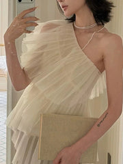 White One-Shoulder Pleated Ruffle Mesh Top