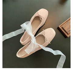 Silk Bowknot Square Toe Ballet Flats