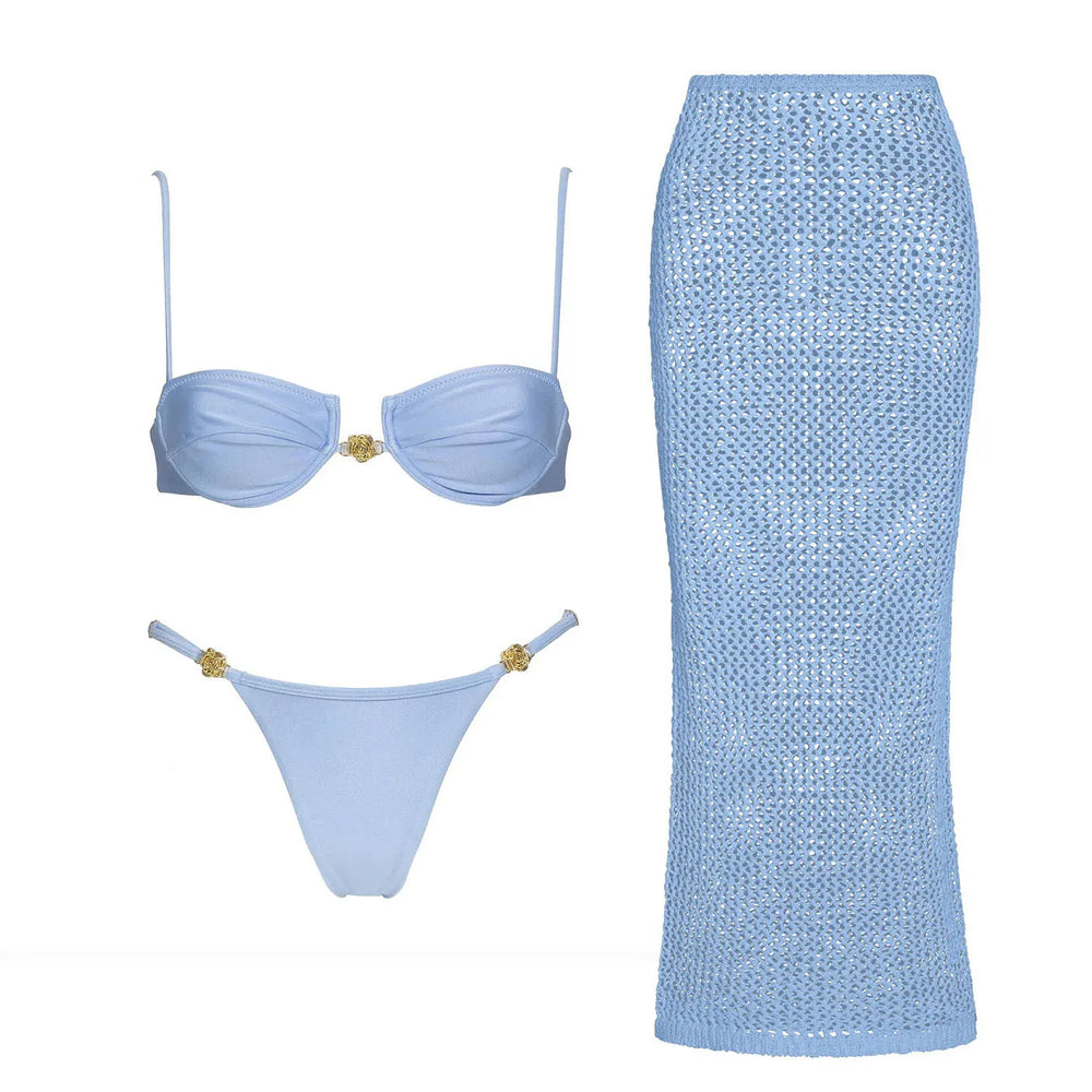 Light blue crochet skirt swimsuit set