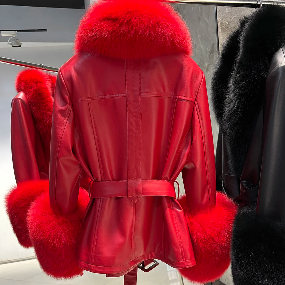 Red leather coat with fur trim on a rack