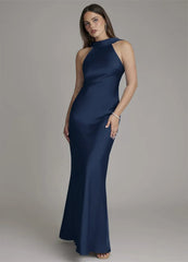 Halter Neck Sleeveless Satin Maxi Dress