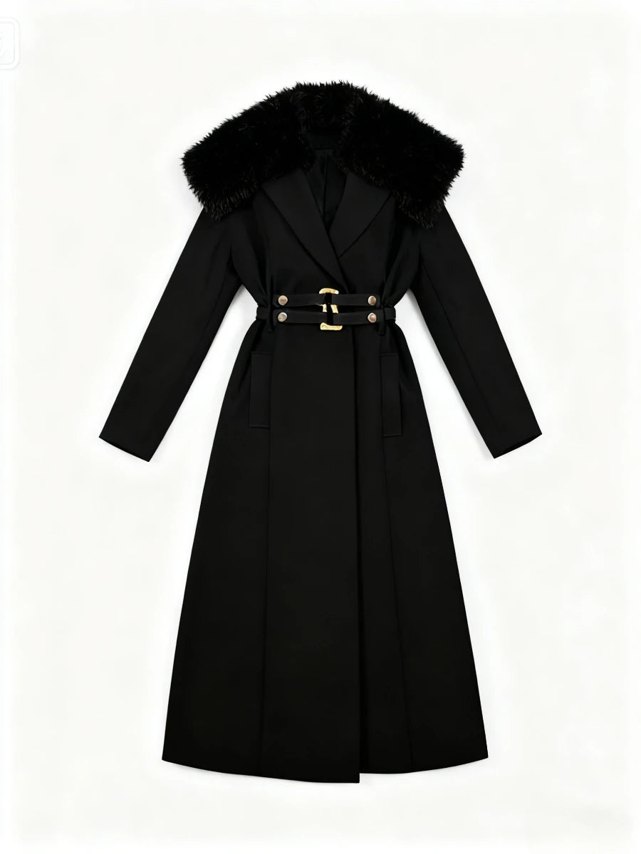 Black coat with fur hood on a white background