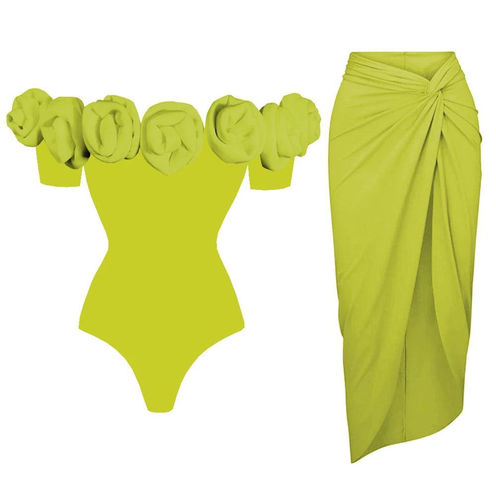 Off-the-shoulder rose embellished bodysuit and twist front skirt set in lime green