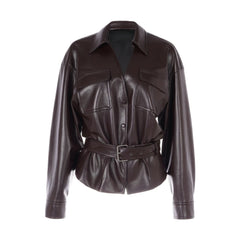 Brown leather jacket with a belt on a white background