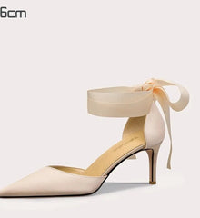 Beige Silk Ribbon-Tie Heels | Platform Bow Ankle Party Pumps