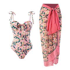 Floral print one-piece swimsuit and matching beach skirt