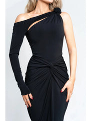 Black off-shoulder dress with a knot detail on a plain background