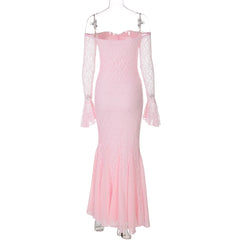 Slimming Spliced Ruffles Maxi Dress - Slash Neck Long Sleeve