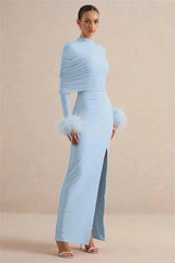 Draped Feather Cuff Maxi Dress