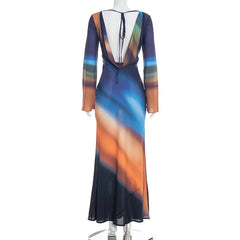 Mesh Tie Dye Long Sleeve Twisted Maxi Dress