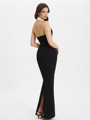 Black Contrast V Neck Button Bandage Maxi Dress