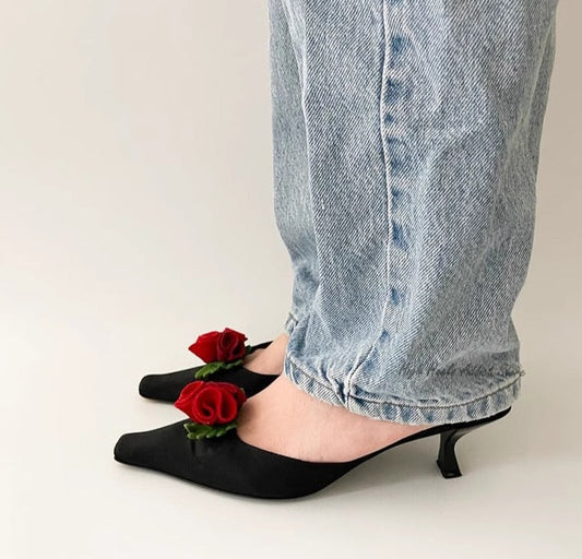 Womens's 3D Flower Low Heels Black Silk Mules Shoes