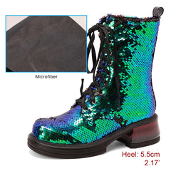 Multicolored sequin boot with close-up of microfiber material on a white background