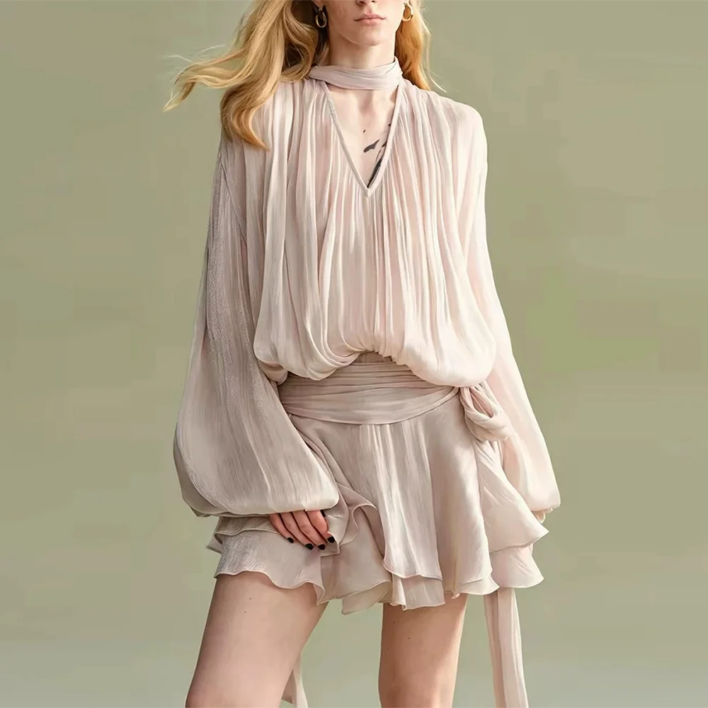 Pleated Draped Sleeve V-Neck Mini Dress