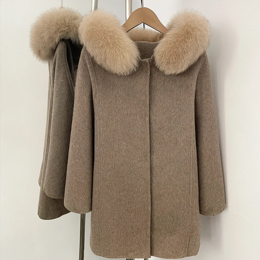 Back view of red wool blend coat with fur collar