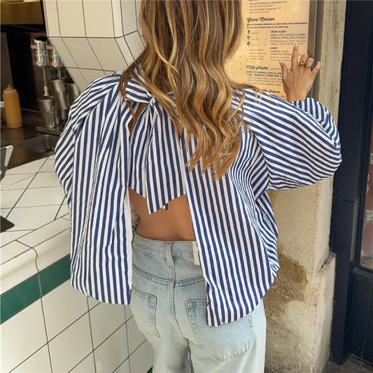 Striped tie back puff sleeve top