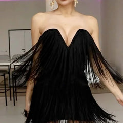 Off-Shoulder Strapless Tassel Mini Dress