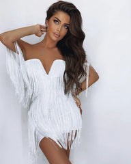 Off-Shoulder Strapless Tassel Mini Dress