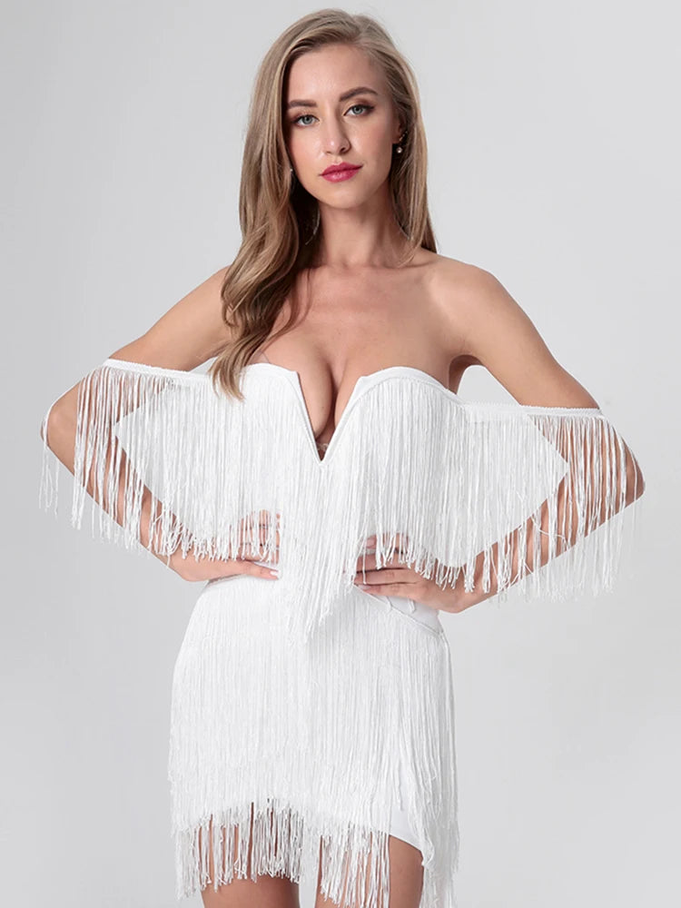 Off-shoulder cocktail mini dress featuring a sleek silhouette