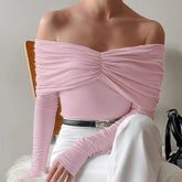 White one shoulder ruched long sleeve top styled for office casual looks