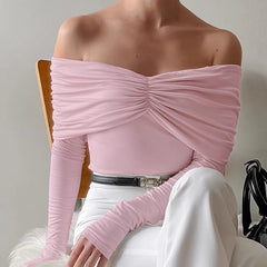 White one shoulder ruched long sleeve top styled for office casual looks