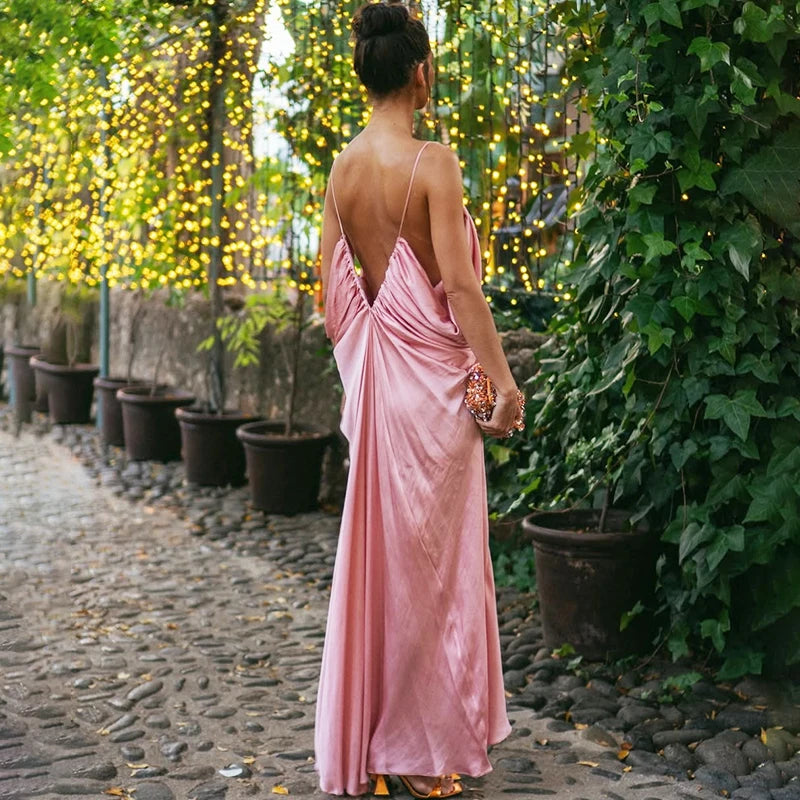 A-line pink maxi dress with adjustable straps for chic evening looks