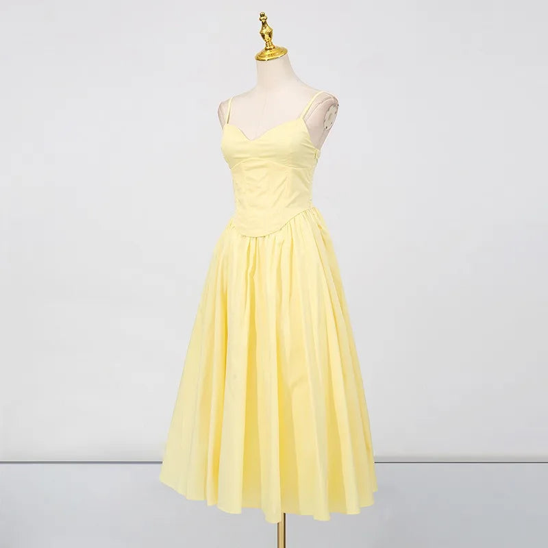 A-line yellow midi dress with elegant flair for women
