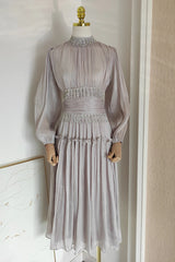 High Neck Pleated Midi Dress with Beaded Waist Detail