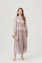 High Neck Pleated Midi Dress with Beaded Waist Detail