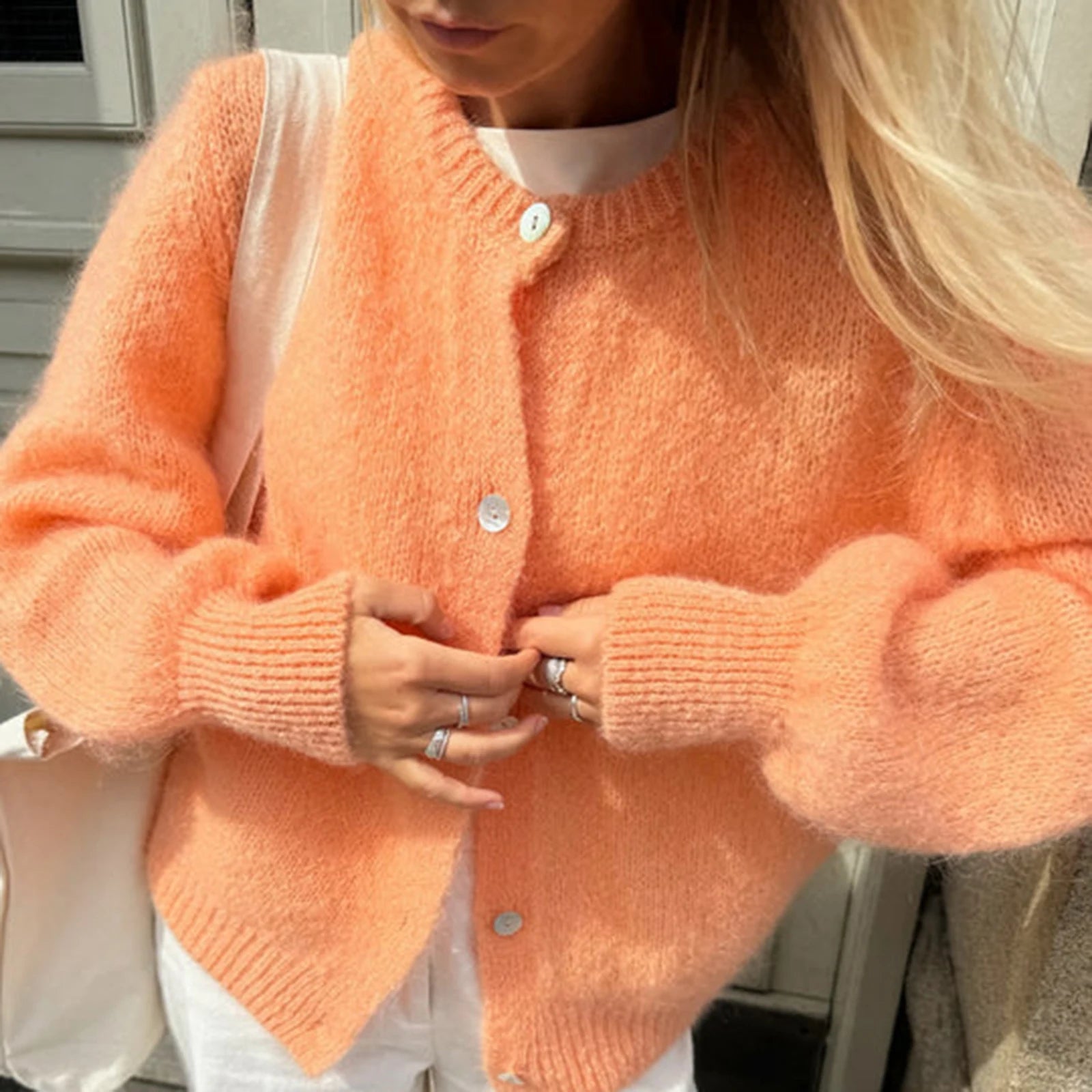 Adjustable waist orange cardigan designed for relaxed casual wear