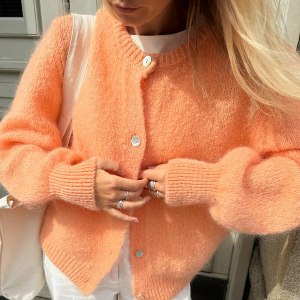 Adjustable waist orange cardigan designed for relaxed casual wear