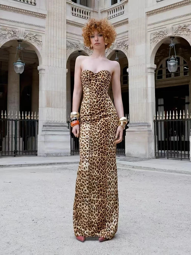 Animal print evening gown shown with backless modern flair