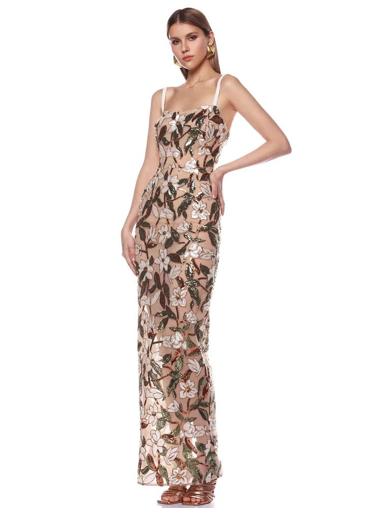Ankle length cocktail dress with floral embroidery shown on model