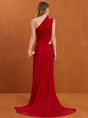 Ankle length irregular split red dress styled for club events