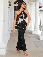Ankle-length luxury evening dress with patchwork mesh