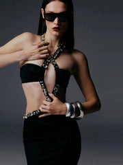 Ankle length sexy clubwear dress in black polyester