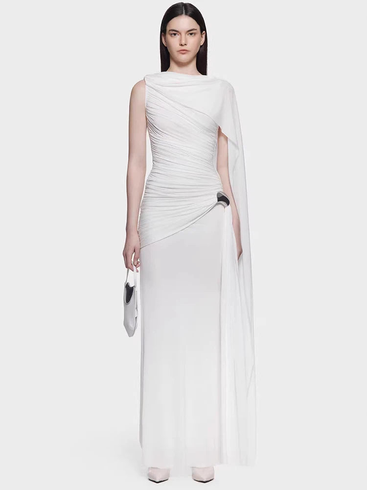 Full-length view highlighting the slim ankle-length silhouette and clean neckline, with the skirt falling straight for an elegant formal line.