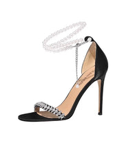 Ankle strap stiletto heels in black silk, with pearls and crystals