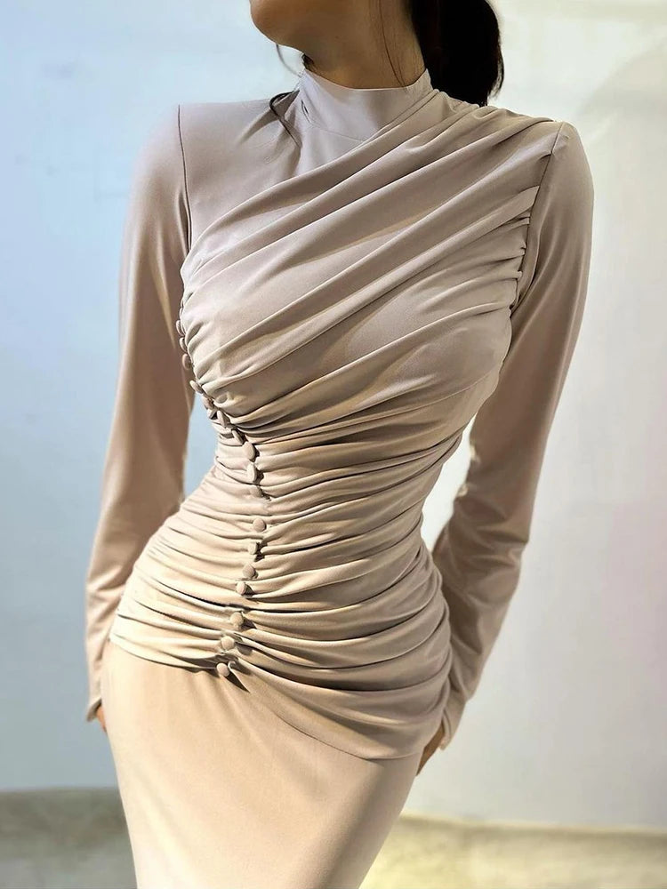 Asymmetric button gallery eveningwear shown in modern silver palette