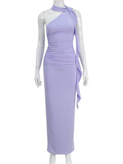 Slim ankle-length purple dress with soft draped detailing
